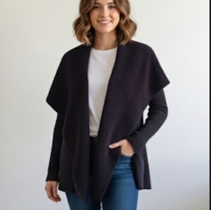 AQUA Faux Fur Trim Waterfall Cardigan Sweater Size Small Black Knit Shrug Shawl